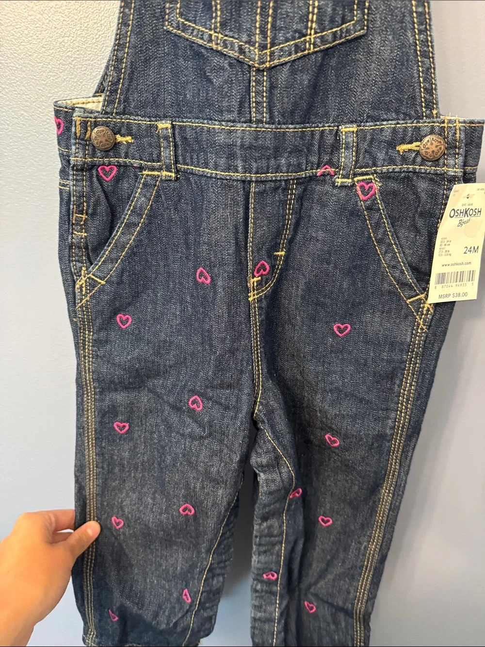 OshKosh B'gosh Dark Blue Denim Overalls with Pink Heart Embroidery